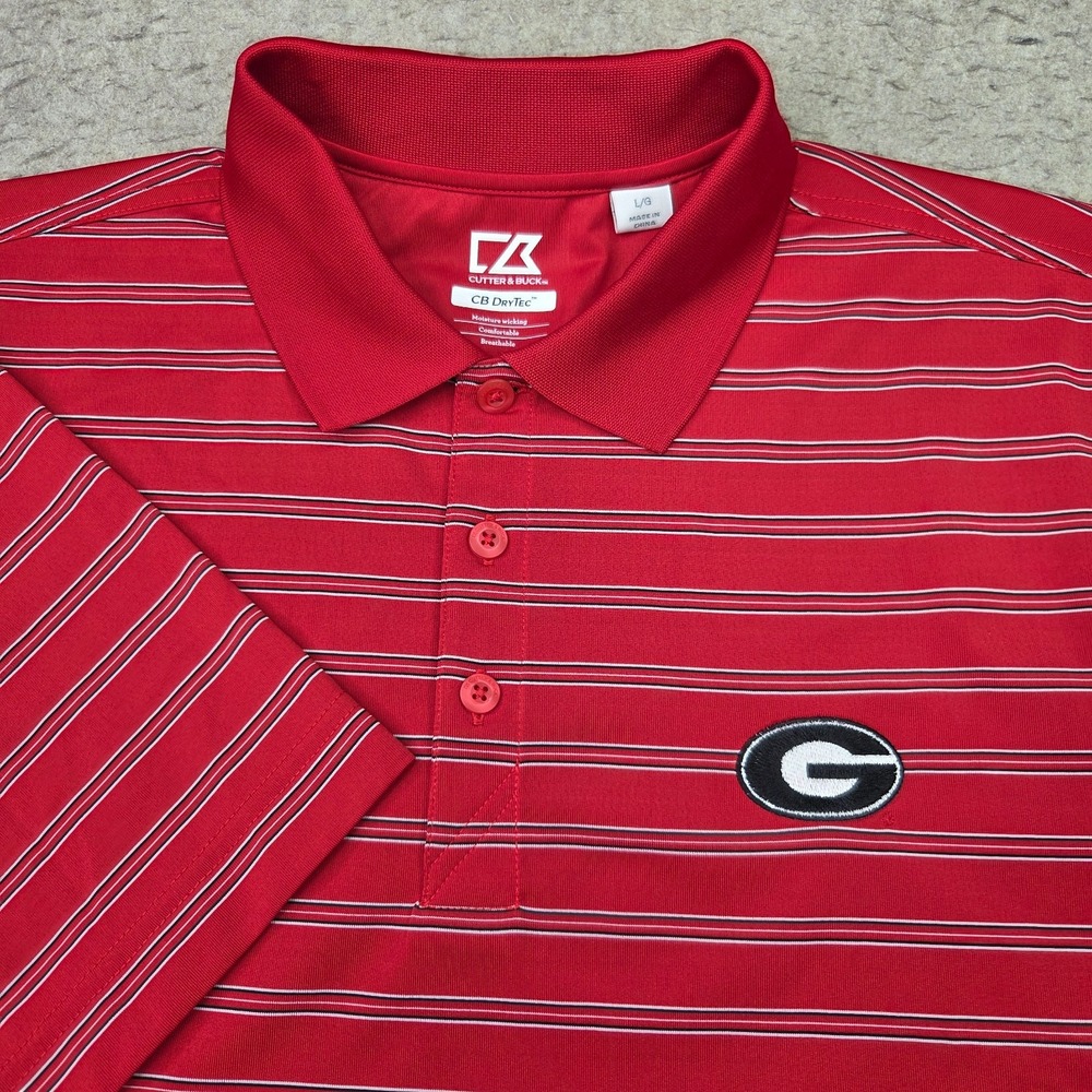 Georgia Bulldogs Cutter Buck Dry Tec Polo Shirt Mens L Red Striped Short Sleeve